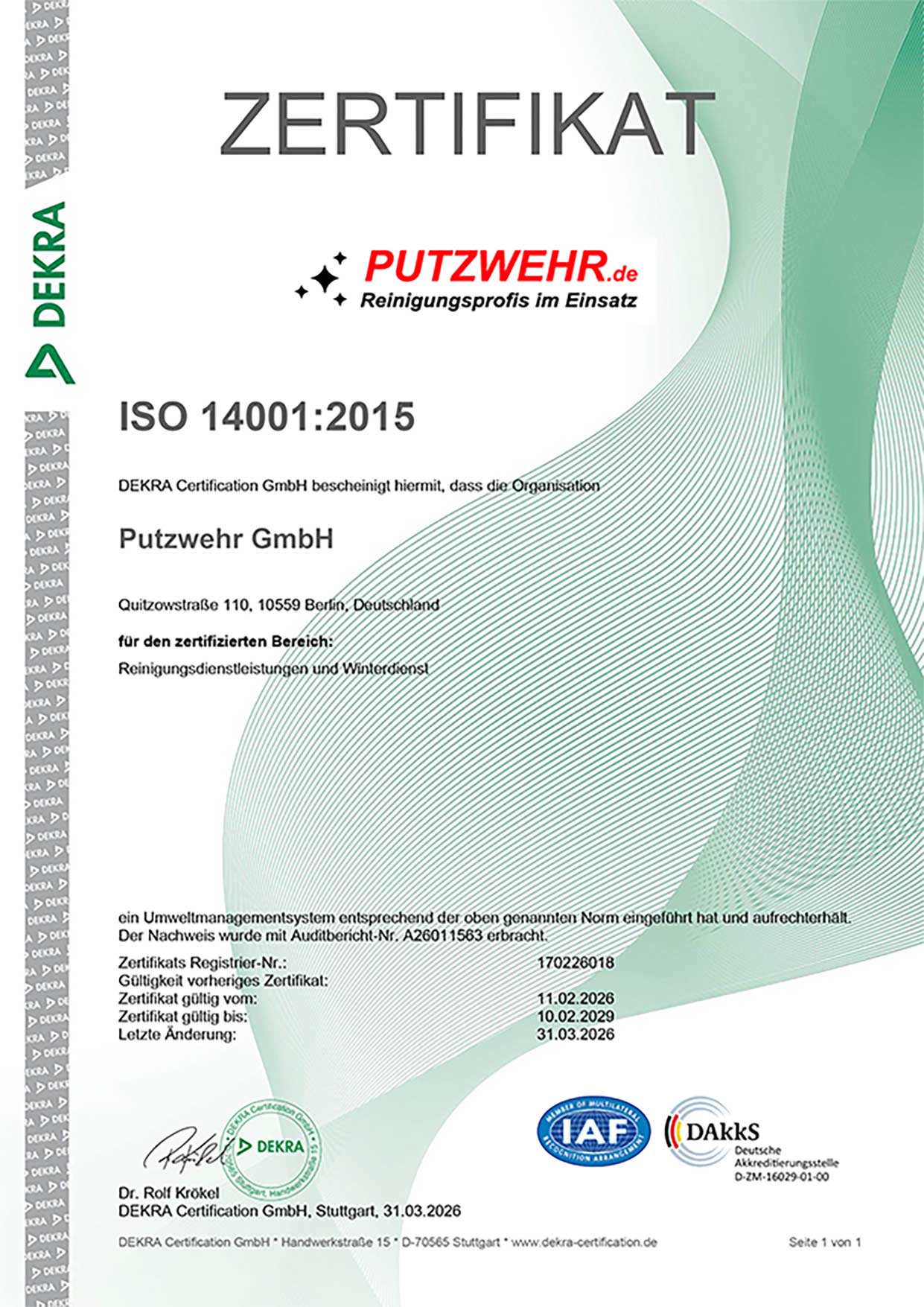 DIN EN ISO 14001:2015 Zertifikat Umweltmanagement Putzwehr GmbH