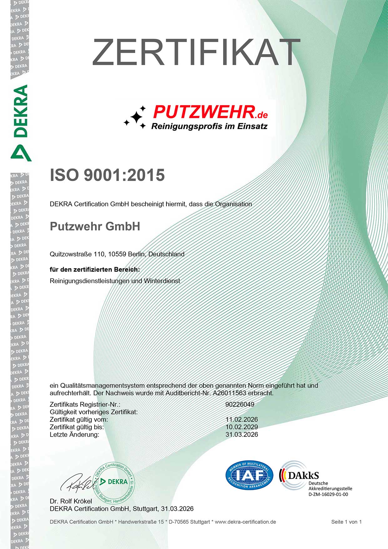 DIN EN ISO 9001:2015 Zertifikat Qualitätsmanagement Putzwehr GmbH